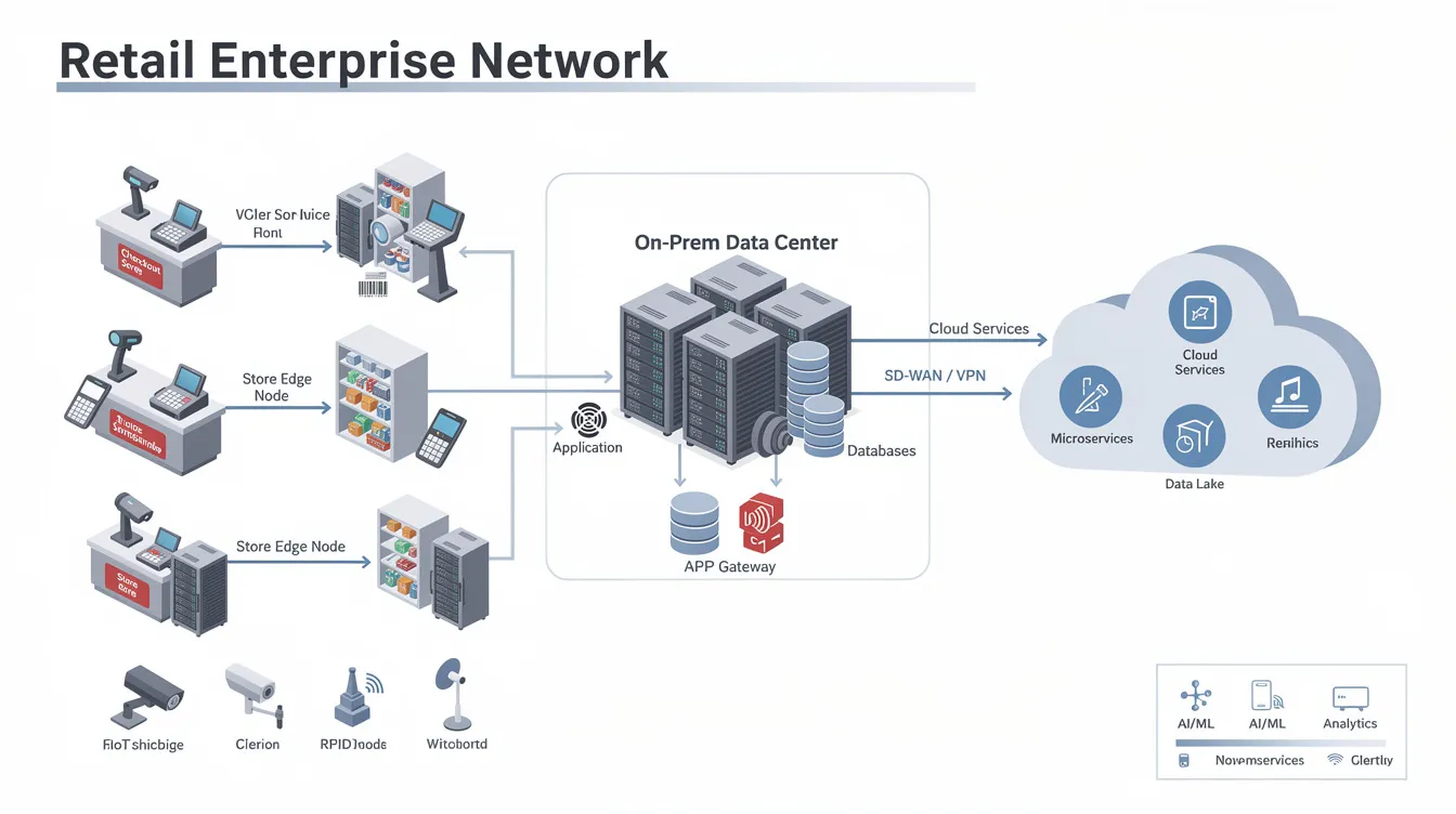 The image depicts a technology architecture diagram illustrating a hybrid cloud and edge computing setup tailored for the retail industry. It highlights key components such as inventory management, customer data analytics, and AI technologies designed to enhance customer experience and operational efficiency in both online and brick-and-mortar stores.