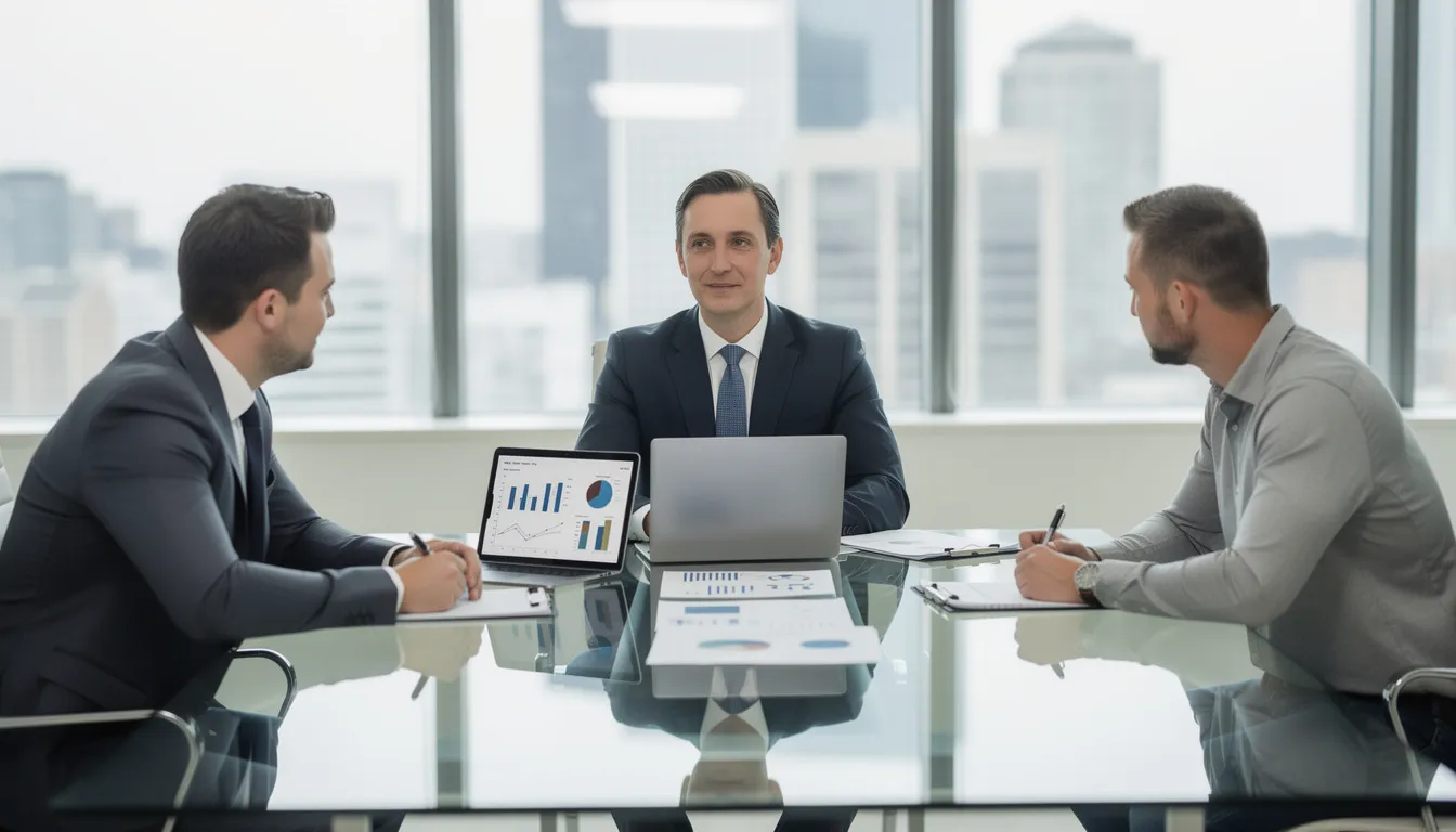 A certified financial planner meets with clients in a modern office setting, discussing personalized financial strategies and explaining complex financial concepts to help them achieve their long-term financial goals. The atmosphere is professional, emphasizing trust and collaboration as they navigate investment advice and financial planning services.