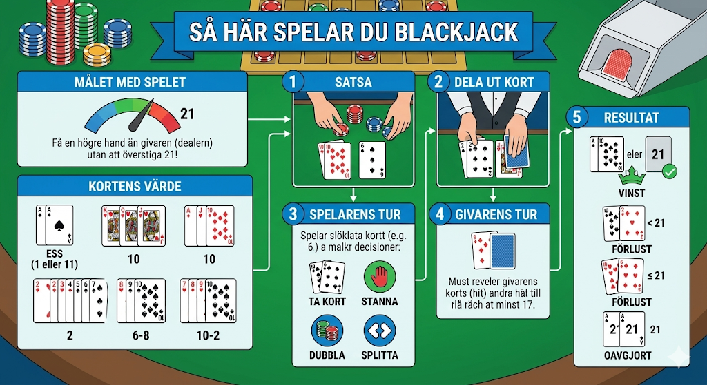 Så här spelar du blackjack – regler, två kort delas ut, ta kort eller stanna, dubbla och splitta i spelets gång