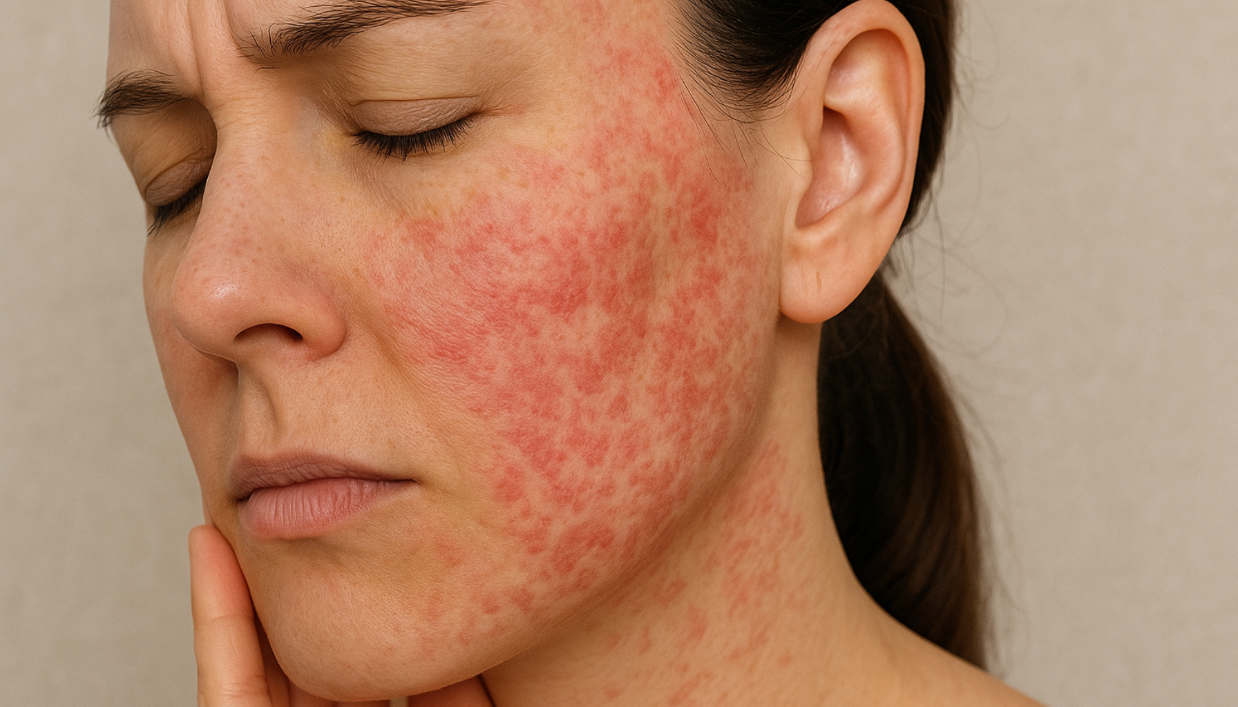 "Kvinne med rød stressrelatert hudutslett på kinn og hals, viser kroppens reaksjon gjennom huden."