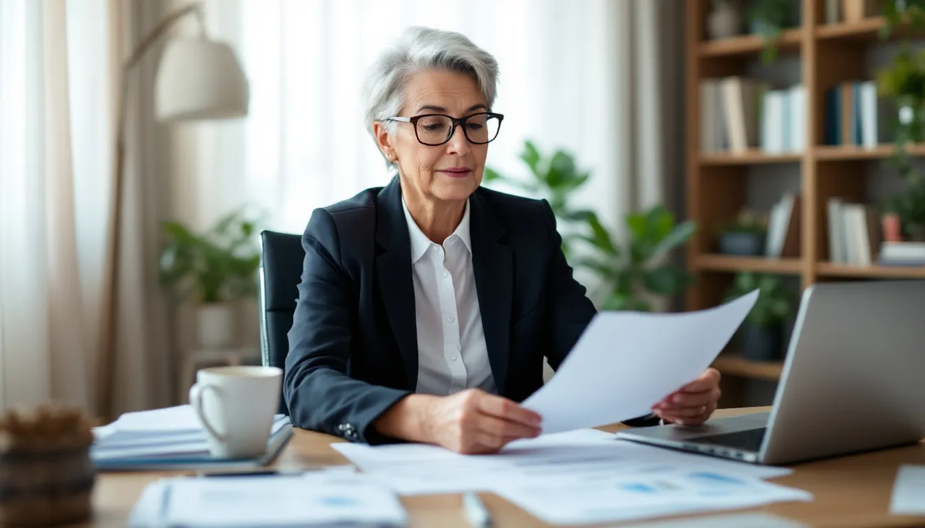 A mature woman sits at a desk, reviewing financial documents and retirement planning materials, with a focused expression on her face. The scene highlights her role in managing her family's financial future, emphasizing the importance of planning for life stages and responsibilities.