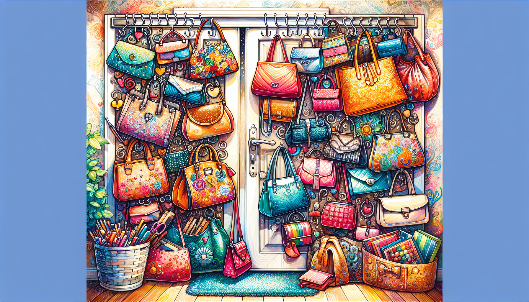 An illustration of various over-the-door storage solutions for purses and bags.