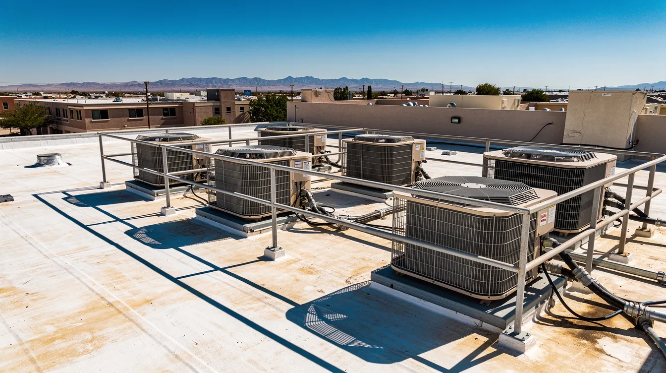 The image shows multiple rooftop air conditioning units on a residential building, basking under the bright desert sunlight. These central air conditioners are essential for maintaining indoor air quality and cooling efficiency in warm climates.