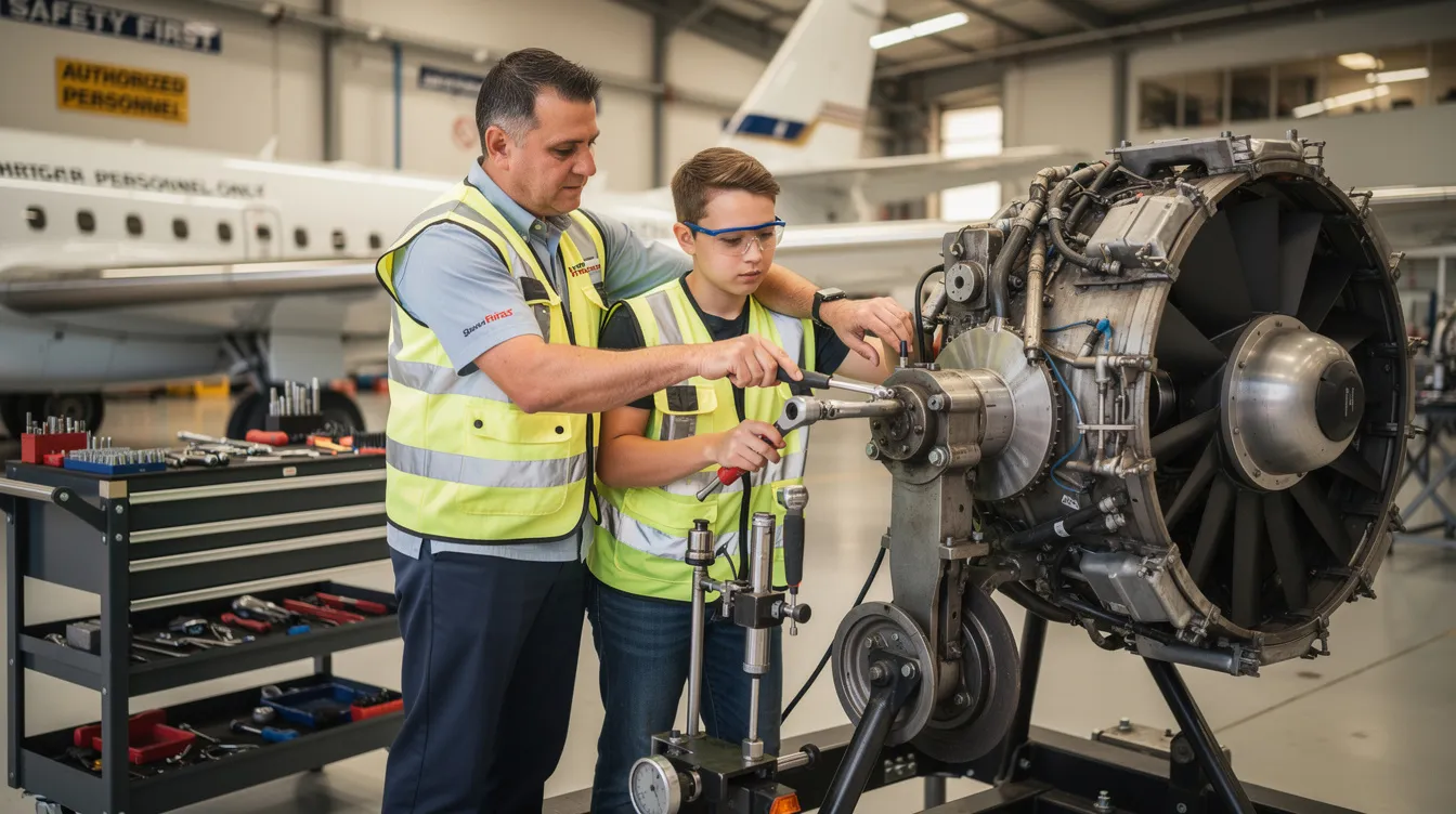 An instructor oversees a student as they utilize specialized maintenance tools on aircraft components, ensuring adherence to aviation maintenance standards and quality control procedures. This practical training supports compliance with Part 147 certification requirements, equipping students with the necessary skills for effective aircraft maintenance.