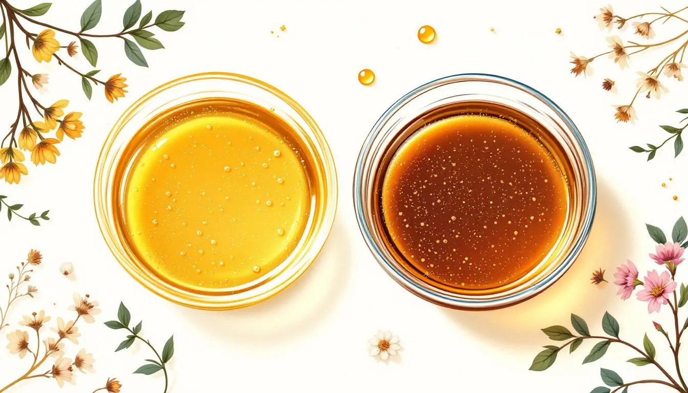 A side-by-side comparison of wildflower honey and heather honey in small glass bowls.