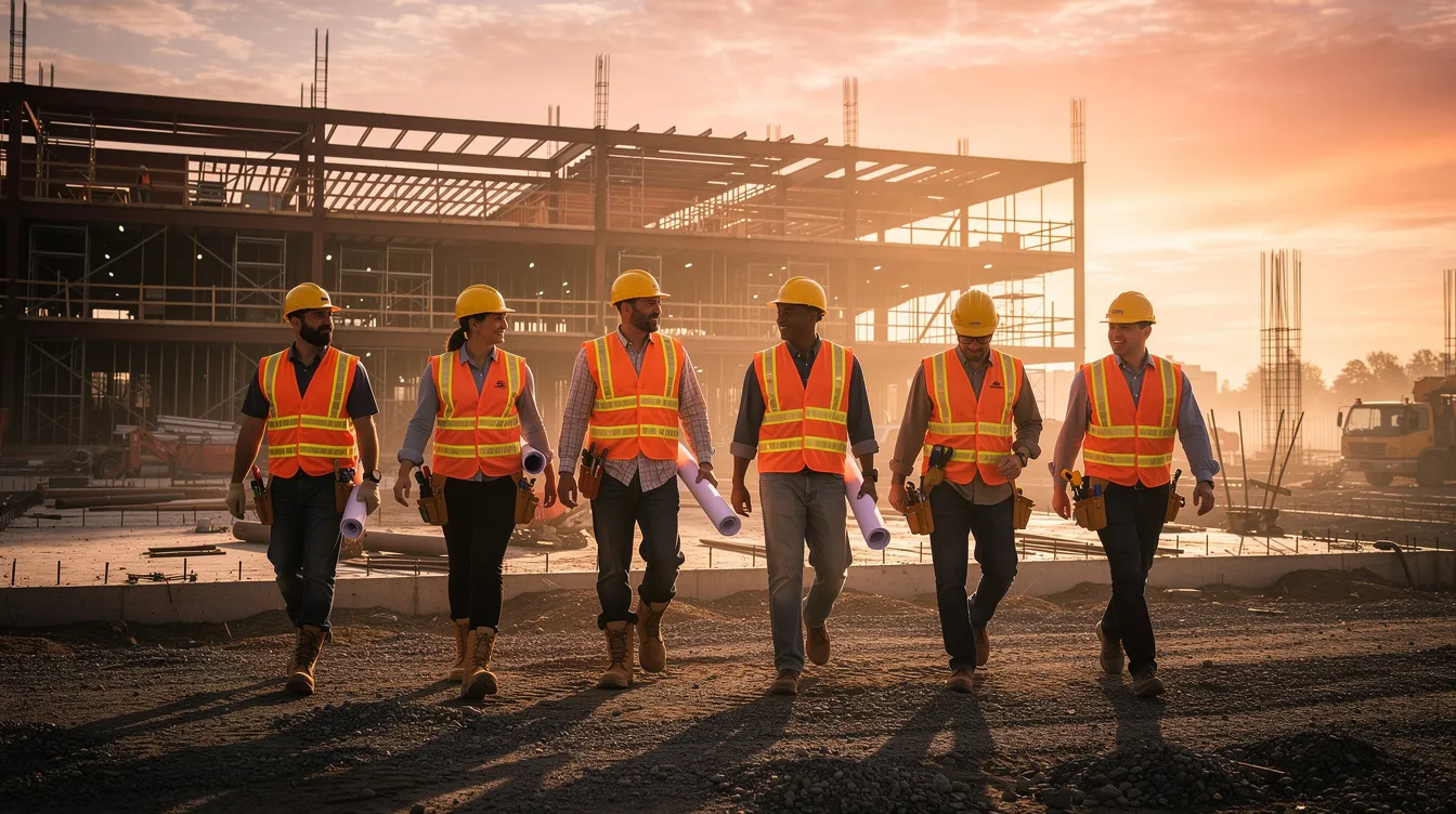 A construction crew of skilled and unskilled workers, wearing hard hats and safety vests, is walking across a commercial job site at sunrise, emphasizing the importance of worker safety and compliance with industry standards. The scene reflects the early stages of construction projects, highlighting the teamwork and dedication of temporary workers on site.
