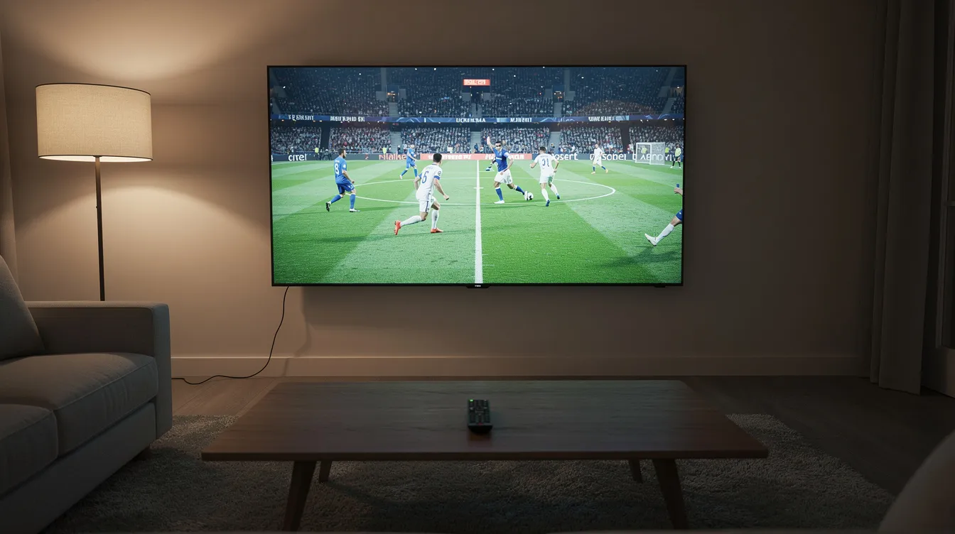 The image depicts a cozy living room featuring a large television screen showcasing a live football match, with a remote control placed on a coffee table. This setup is ideal for sports fans enjoying live UK channels and premium IPTV services, providing a perfect environment for watching exciting sports events in high definition.