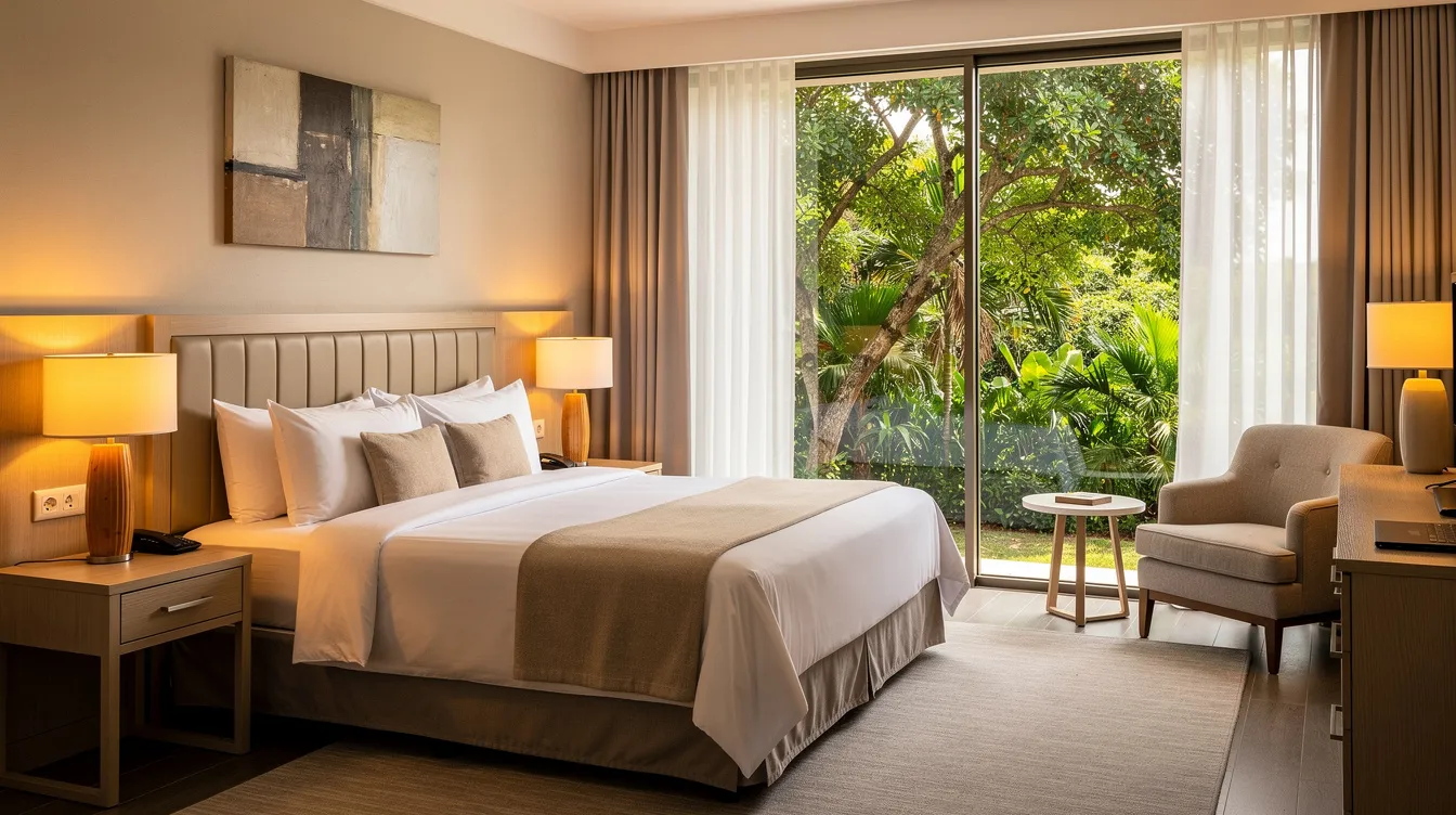 The image depicts the interior of a well-designed mid-range resort room featuring a comfortable bed, warm lighting, and a large window that offers a view of lush greenery. This inviting space reflects the hospitality industry's focus on creating a relaxing atmosphere for guests, highlighting the importance of interior design in resort projects.