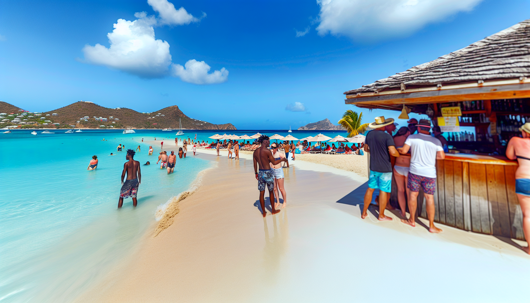 Rendezvous Bay with beach bars and views of St. Martin
