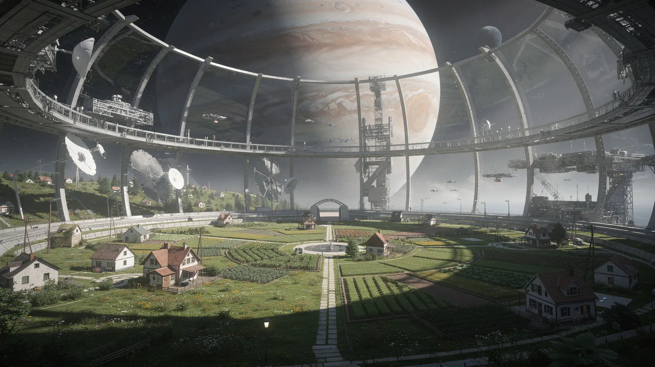 Die zylindrische Raumstation schwebt im Orbit eines riesigen Planeten und bietet auf ihrer Innenseite grüne Felder und kleine Häuser, die eine futuristische und harmonische Lebensumgebung für die Menschheit darstellen. Diese Szenerie erinnert an die beeindruckenden visuellen Elemente aus dem Science-Fiction-Film "Interstellar" von Christopher Nolan.