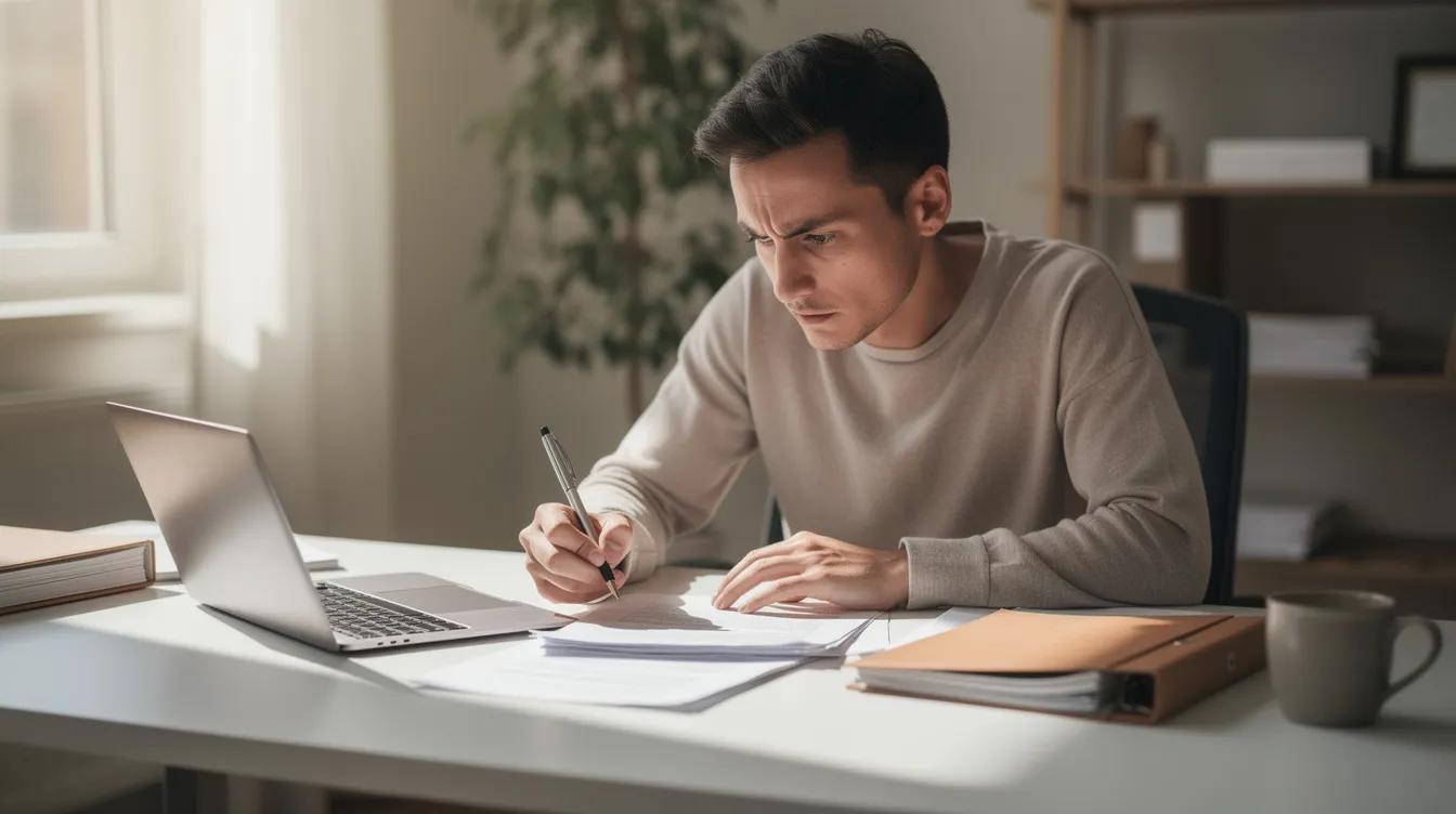 The image shows a person sitting at a desk, intently reading through paperwork with a pen in hand, likely reviewing documents related to micro enterprises or mudra loans. This careful examination suggests they are assessing their financial assistance options or preparing to apply for a loan from a bank or financial institution.
