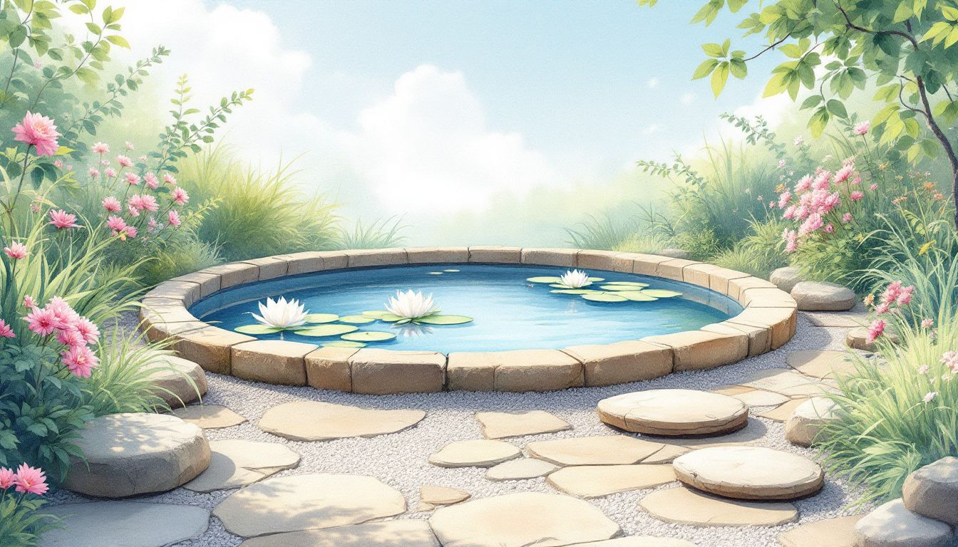 Hard landscaping elements like stones and gravel surrounding a garden pond, contributing to the overall design.