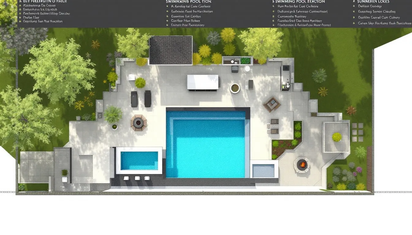 An overview of a residential swimming pool design consultation with landscaping ideas.