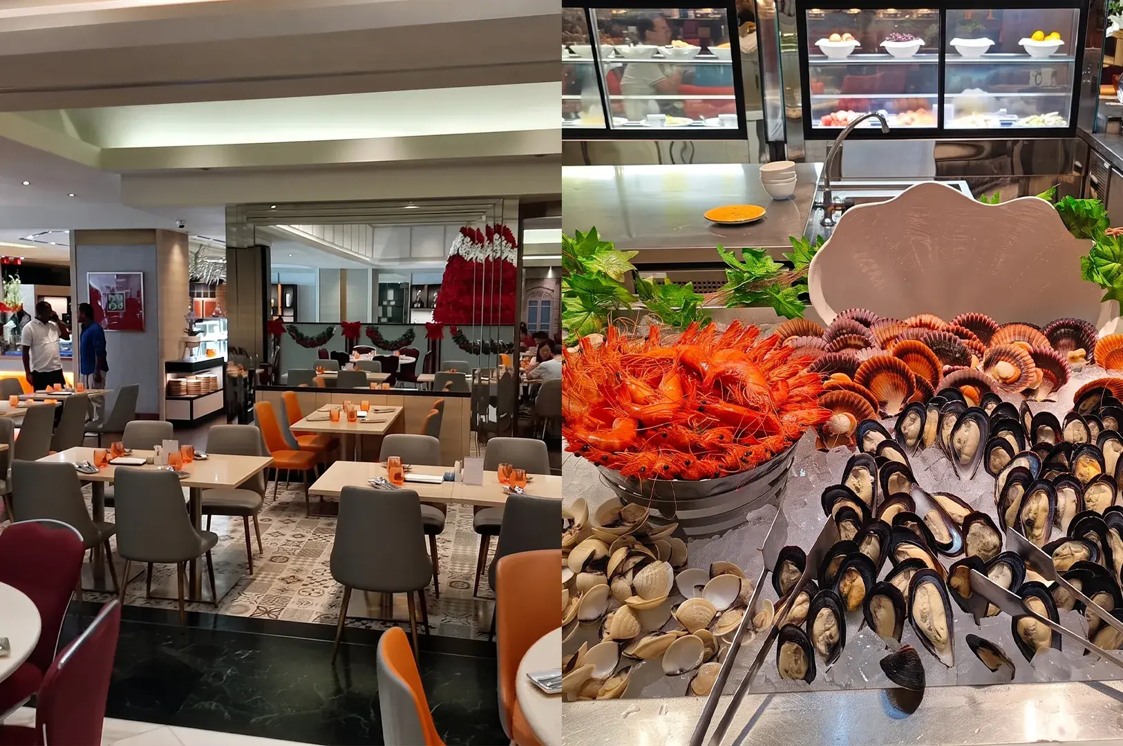 Split-screen image showing a bright restaurant dining room with orange and grey chairs on the left, and a seafood buffet spread of prawns, scallops, mussels, and clams on ice on the right.