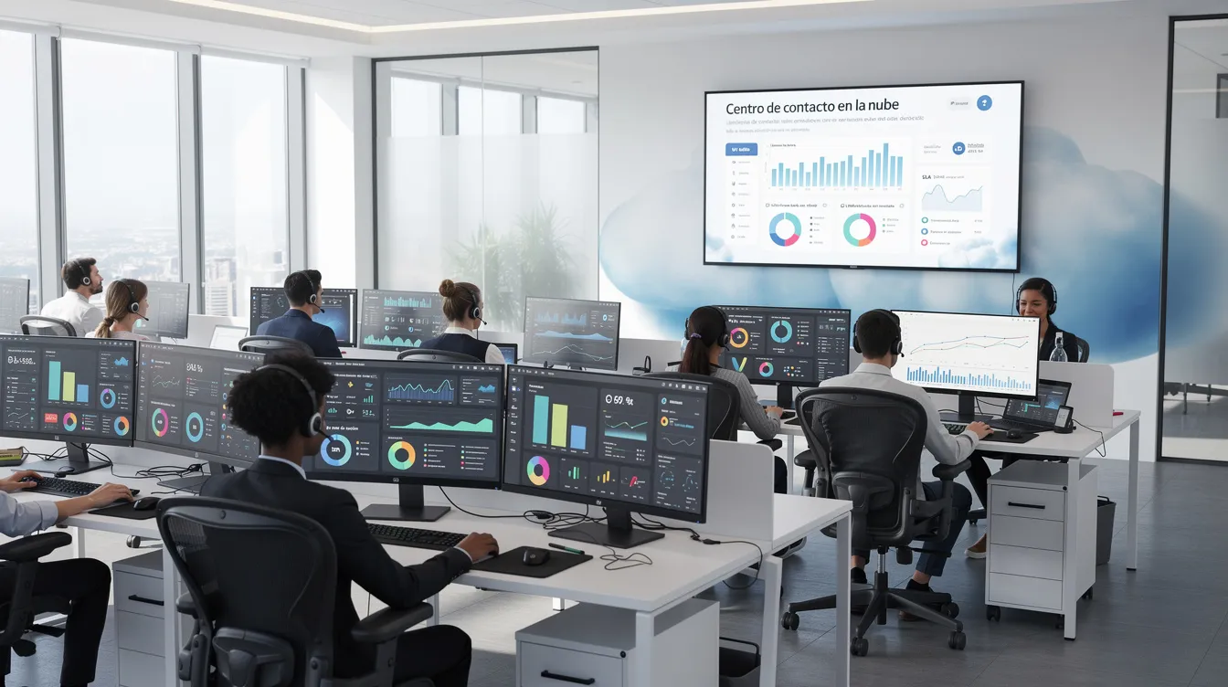 Imagen de una oficina moderna que alberga un contact center en la nube, con estaciones de trabajo organizadas y pantallas que muestran dashboards de datos. Los agentes trabajan en un entorno tecnológico, enfocados en la atención al cliente a través de diversos canales de comunicación.