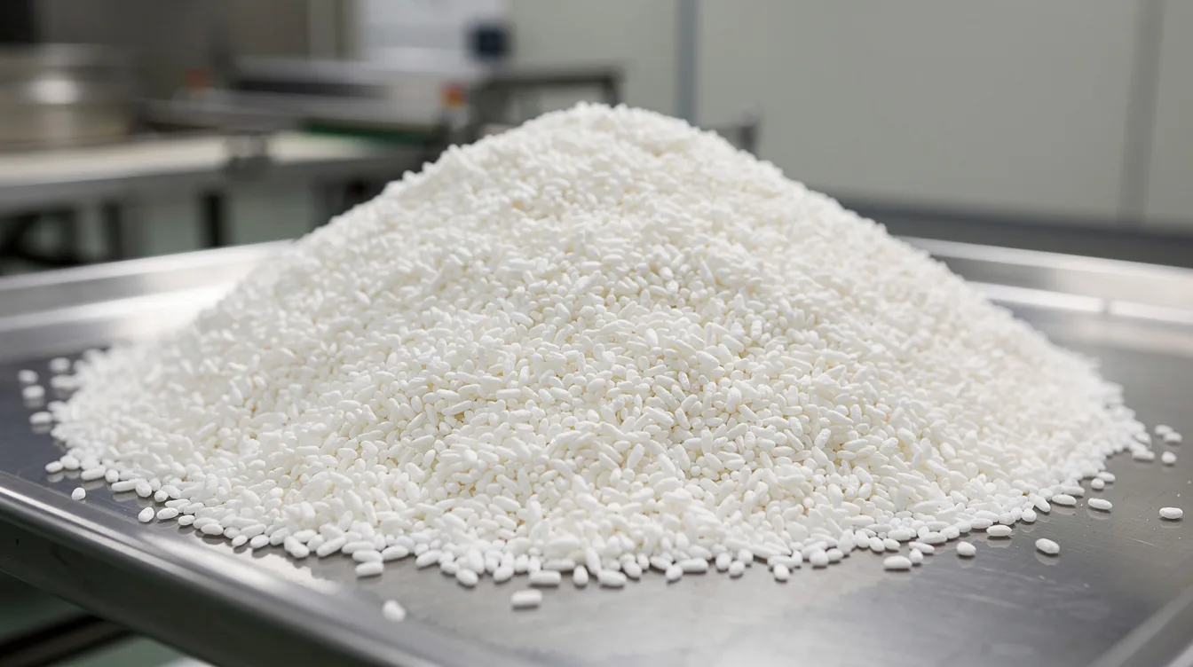 396b6488 bc6d 4848 933d aa023e6f1c0d A close-up image shows a large heap of white puffed rice grains on a stainless steel tray, set in a factory environment where the puffing process takes place. The grains appear light and airy, showcasing the result of heating rice kernels to create this popular snack food, commonly used in Indian traditional dishes.