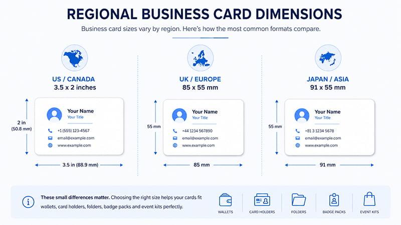 regional business card dimensions comparison for US Canada UK Europe and Japan business card sizes
