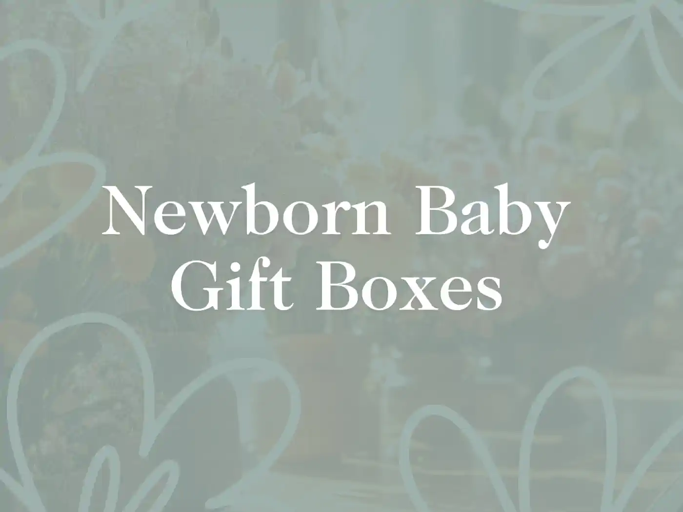 Text reading "Newborn Baby Gift Boxes" over a floral background, Fabulous Flowers and Gifts, Newborn Baby Gift Boxes