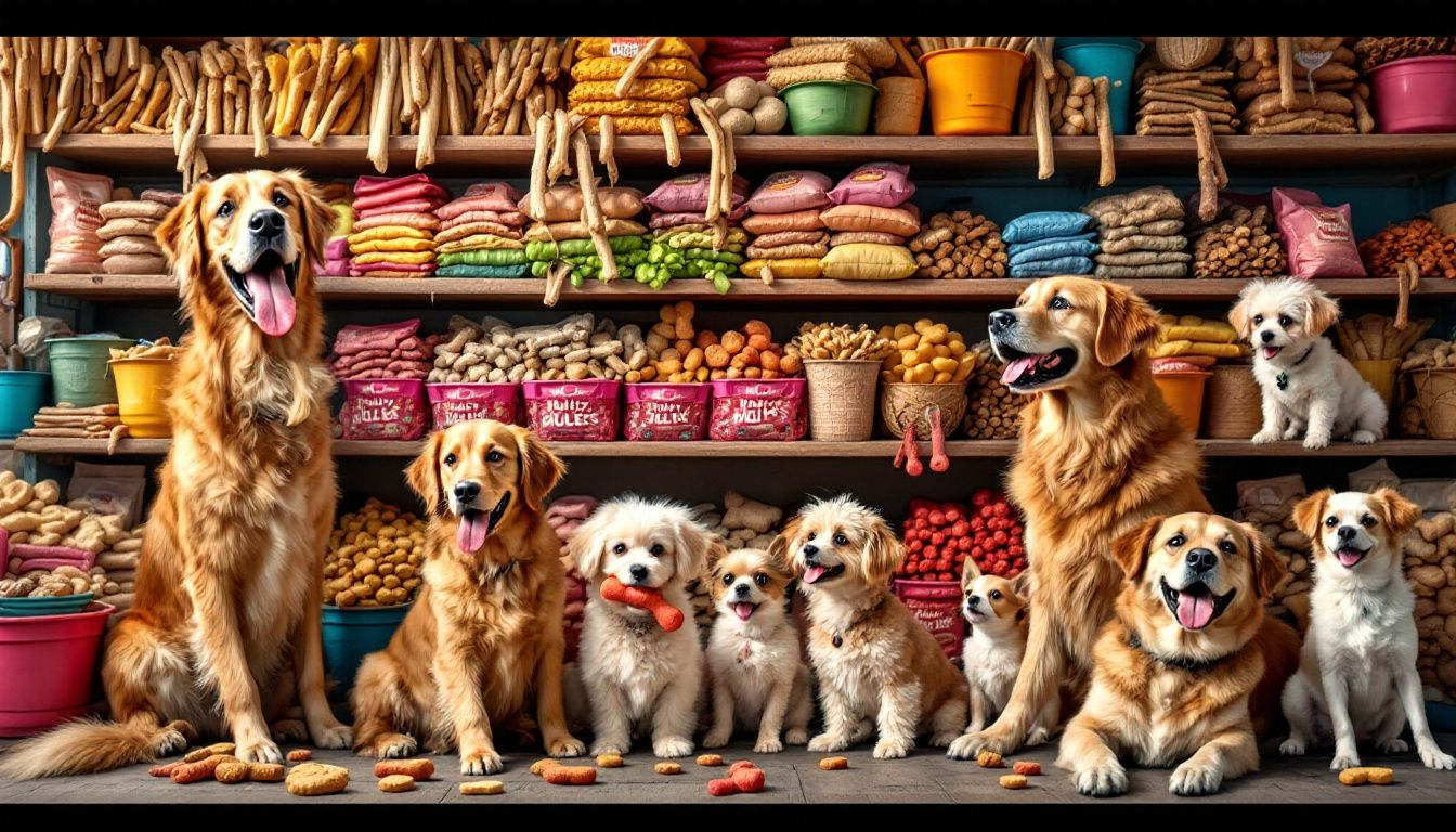 A local pet store shelf stocked with various dog chews including bully sticks.