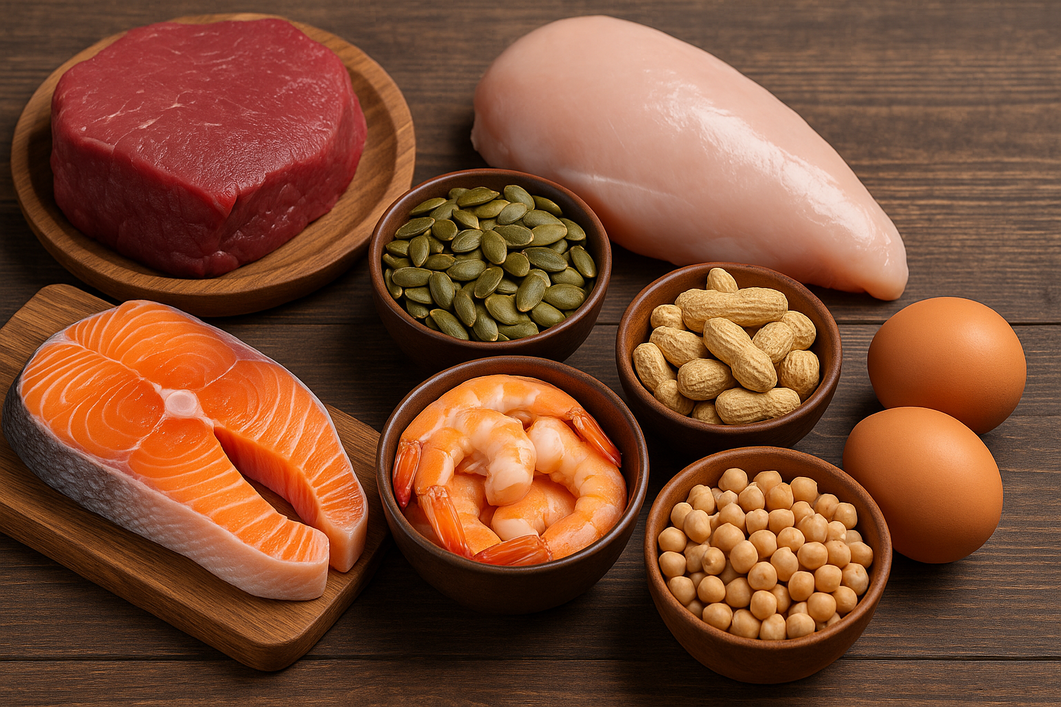 Matvarer rike på sink som kjøtt, laks, reker, kikerter, egg, nøtter og gresskarfrø på trebord.