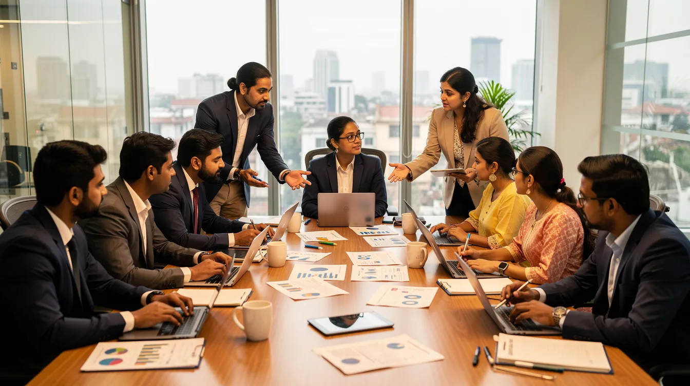 39703507 4b02 4075 b403 9397c894d97a The image depicts a diverse group of Indian entrepreneurs engaged in a collaborative meeting around a table, equipped with laptops and various documents, discussing ideas for their service-based businesses. This gathering highlights the importance of teamwork among busy professionals in sectors like digital marketing, legal services, and event planning, aiming to foster strong client relationships and enhance customer satisfaction.