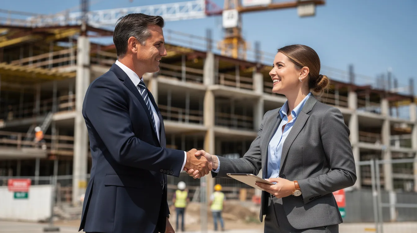 The image shows two business professionals shaking hands in front of a construction building, symbolizing a successful agreement in the construction industry. This moment reflects the importance of having a licensed, bonded, and insured contractor to fulfill legal and financial obligations on a construction project.