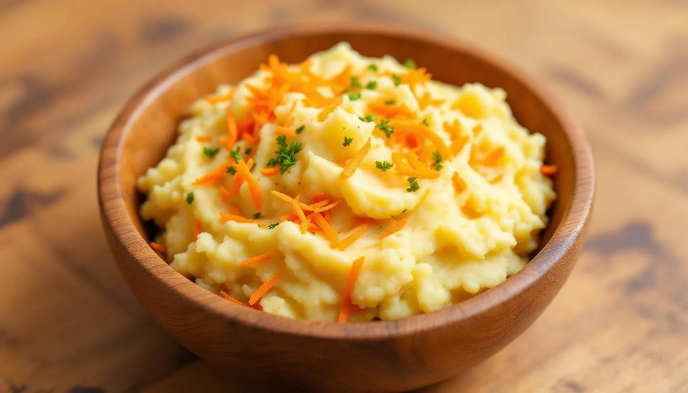 En rustik skål innehåller färgglatt potatismos med morötter, där mjölig potatis har kokats och mosats tillsammans med smör, mjölk och kryddor för att skapa en smakrik och mjuk konsistens. Rätten är en del av ett recept som ger en härlig kombination av färger och smaker.