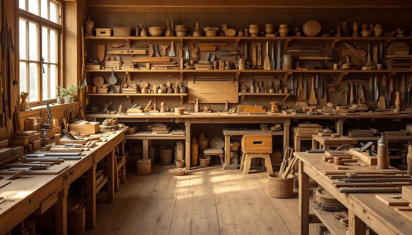 L'image montre un atelier de menuisier traditionnel, rempli d'outils en bois soigneusement disposés sur des étagères. On peut y apercevoir des matériaux de menuiserie et des projets en cours, témoignant du savoir-faire artisanal et de la passion pour la création sur mesure à Nantes, en Loire-Atlantique.