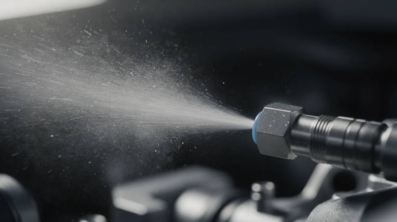 A close-up view showcases a fuel injector spraying a fine mist of atomized fuel into the combustion chamber of an engine, highlighting the critical role of fuel injectors in optimizing vehicle performance and fuel economy. This image emphasizes the importance of maintaining clean injectors to prevent clogging and ensure efficient fuel injection for better acceleration and reduced emissions.