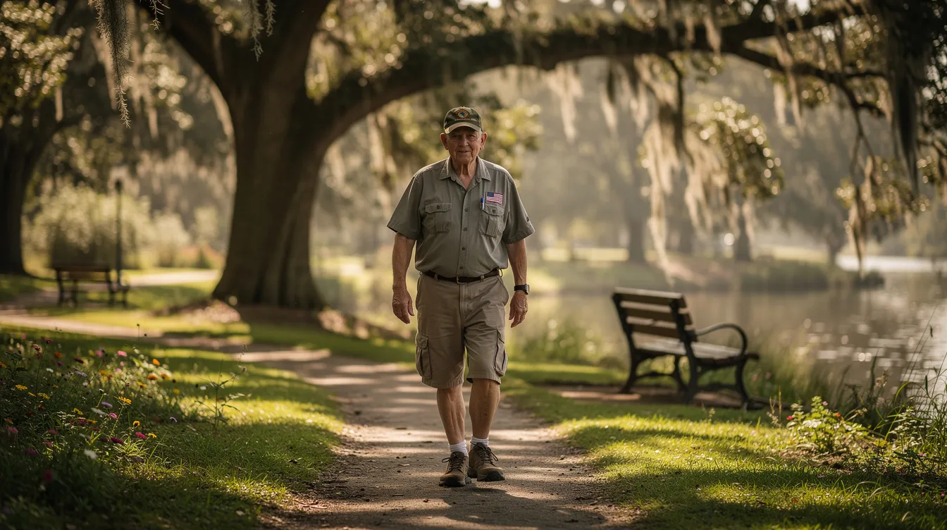 A veteran is walking along a shaded path in a Louisiana state park, surrounded by lush greenery and the sounds of nature. This scene highlights the serene environment where many veterans, including those seeking disability benefits, can enjoy peaceful moments away from their service-connected disabilities.