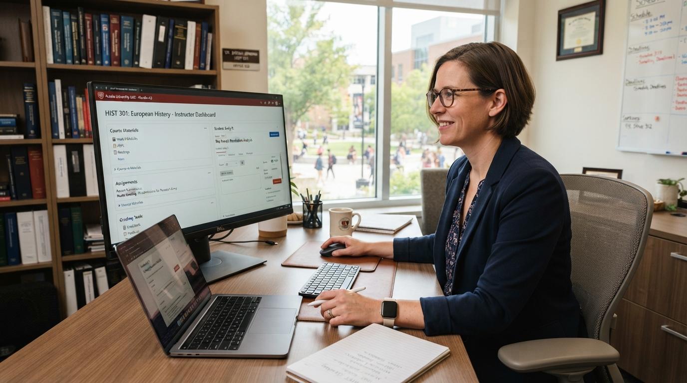 Modern university office with an instructor accessing course materials, assignments, and grading tools through an integrated learning management system.