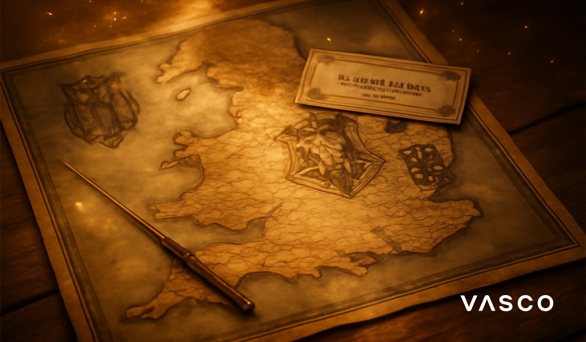 Parchment map of Great Britain with wizard school crests and a wand.
