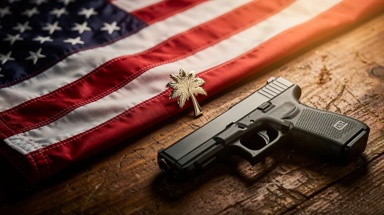 The image features a handgun placed on a wooden surface, accompanied by an American flag and a small palmetto tree pin, symbolizing South Carolina. This scene evokes themes related to gun laws and the responsible ownership of firearms within the context of state regulations.