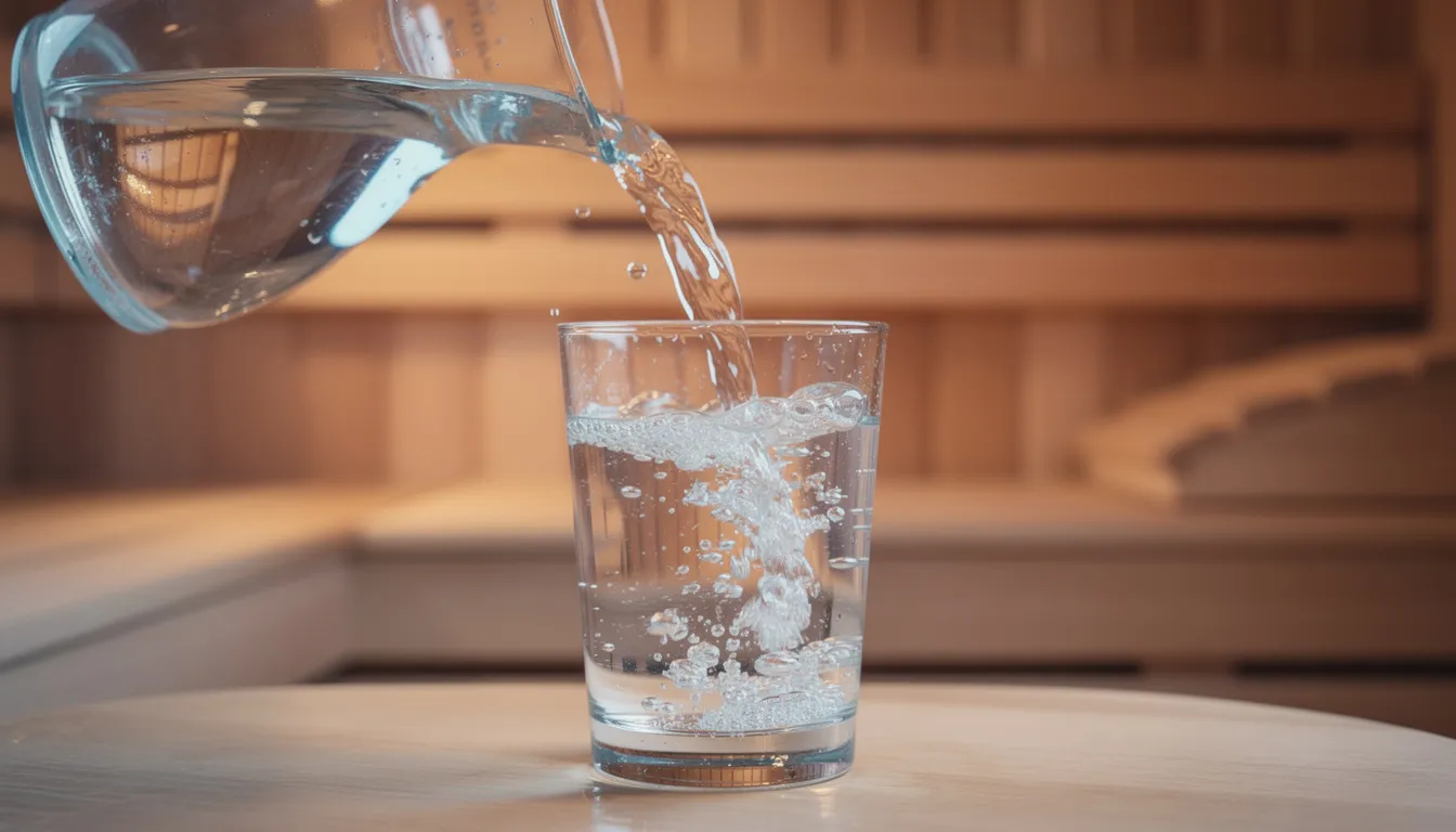 A close-up of water being poured into a glass, with a blurred wooden sauna interior in the background, illustrating the relaxing environment associated with sauna bathing. This image highlights the health benefits of regular sauna use, such as improved cardiovascular health and reduced chronic inflammation.