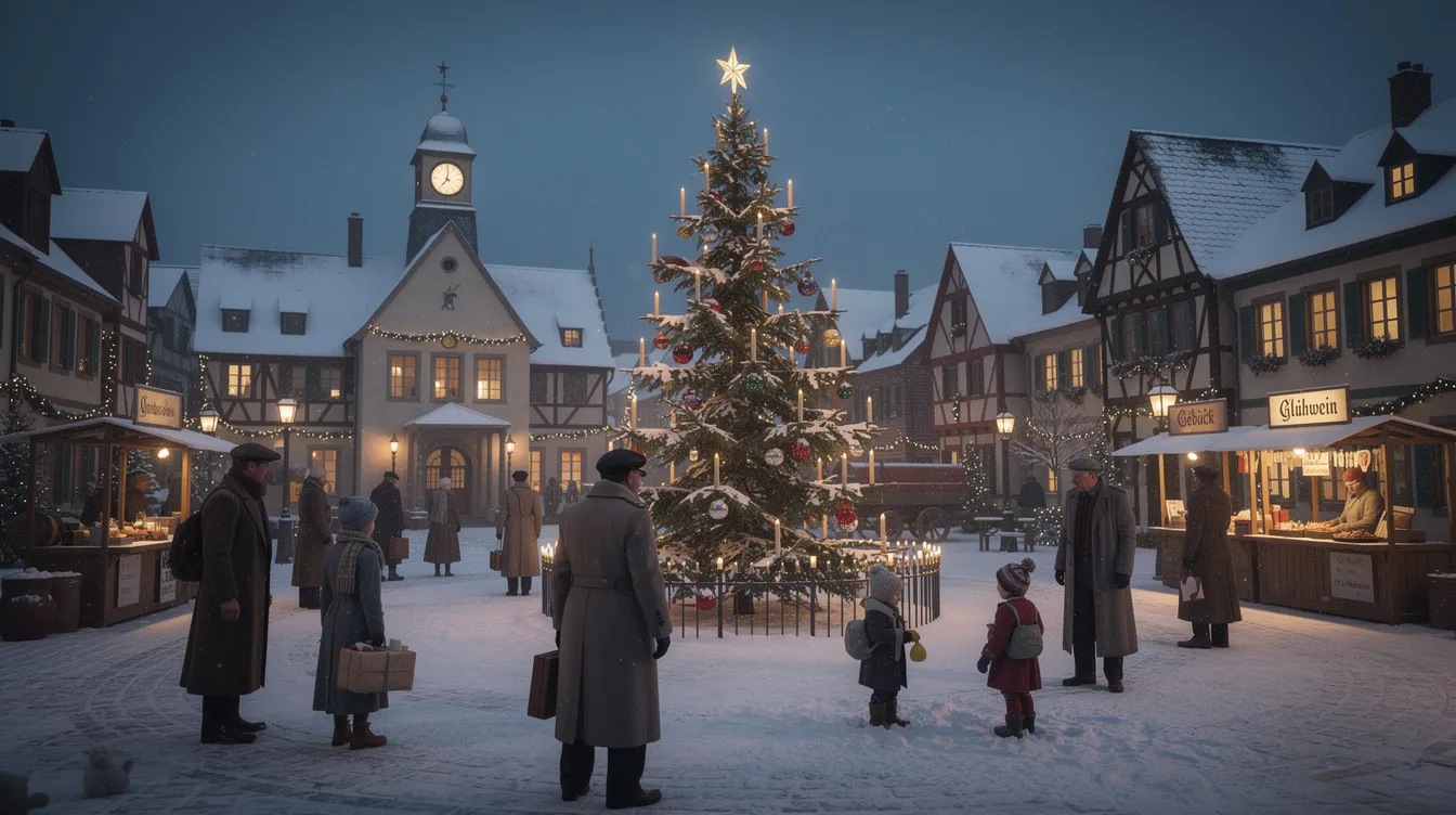 Die verschneite Kleinstadtszene zeigt beleuchtete Häuser und einen festlich geschmückten Weihnachtsbaum auf dem Marktplatz, während Menschen in Winterkleidung der 1940er Jahre fröhlich umhergehen. Diese idyllische Darstellung erinnert an den Filmklassiker "It's a Wonderful Life", der von Lebensmut und der Bedeutung von Gemeinschaft erzählt.
