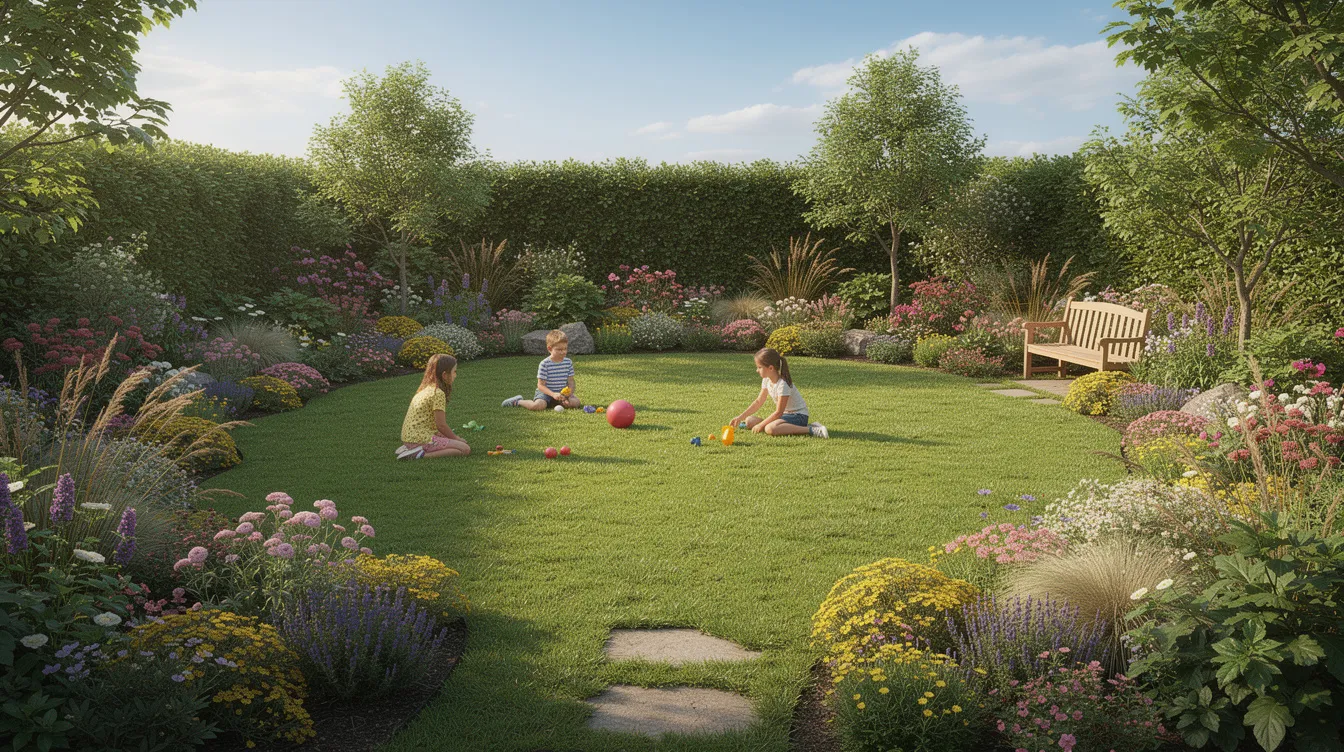 The image shows a vibrant family garden where children are joyfully playing on a lush green lawn, surrounded by colorful mixed borders filled with various plants. The healthy grass suggests the use of high-quality grass seed mixtures, ideal for creating a durable and attractive outdoor space.