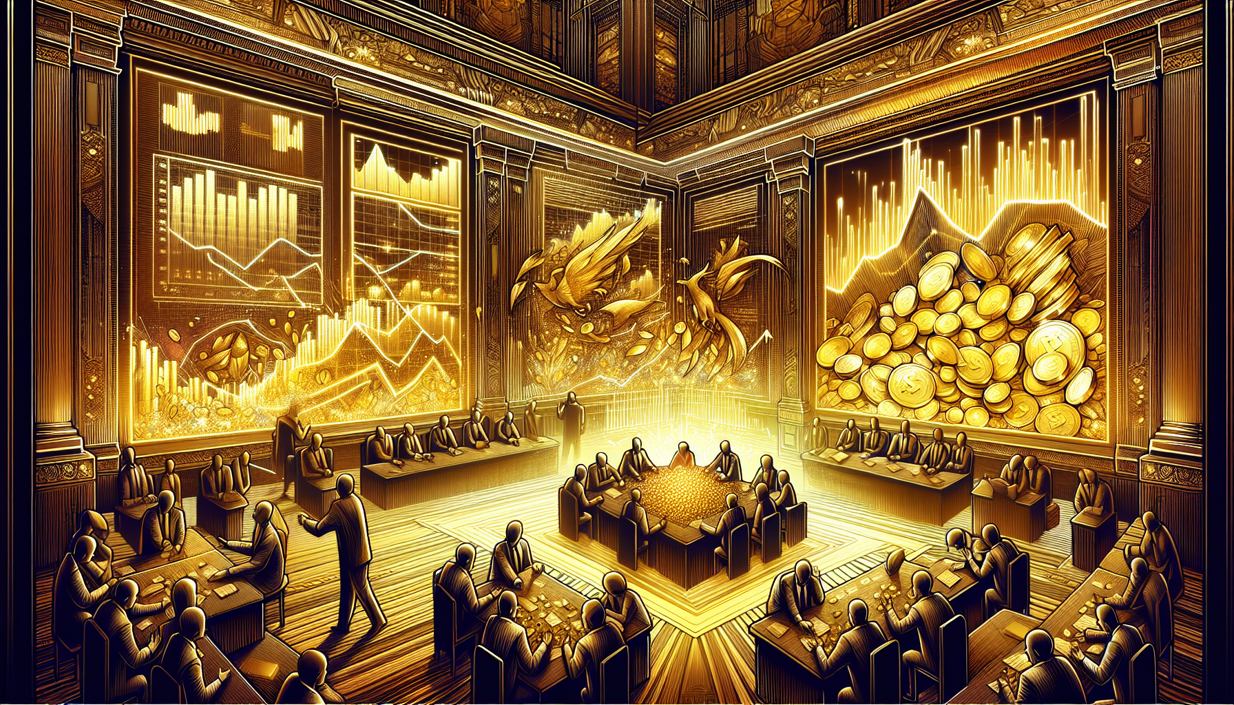 Illustration of a stock market with gold-related assets and investment strategies