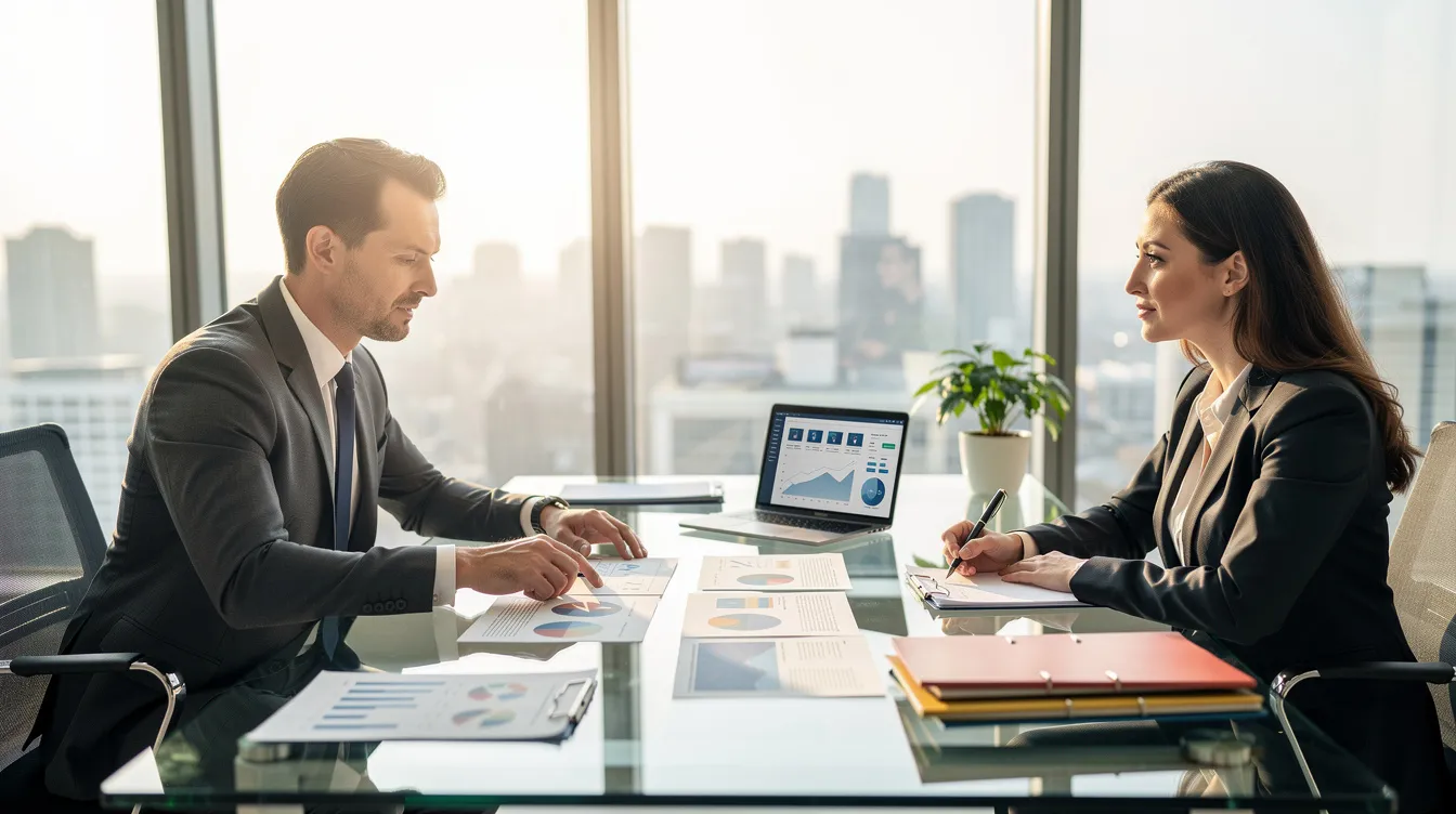 A professional financial consultant is reviewing documents with a client in a modern office setting, highlighting the importance of financial planning and advising on 二線 財務 options. The atmosphere is collaborative, emphasizing the consultant's role in guiding clients through financial decisions.