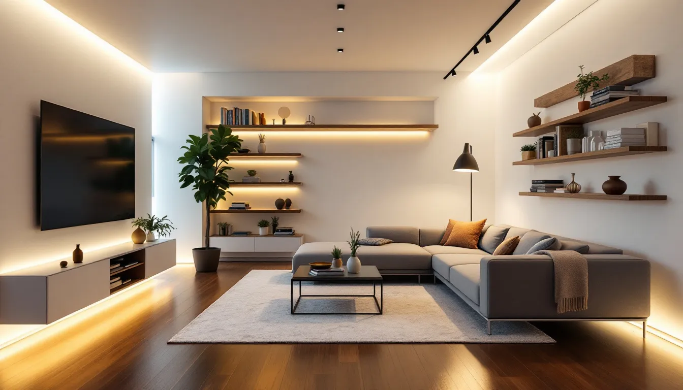 An inviting living room with LED tape lighting creating a cozy ambiance.