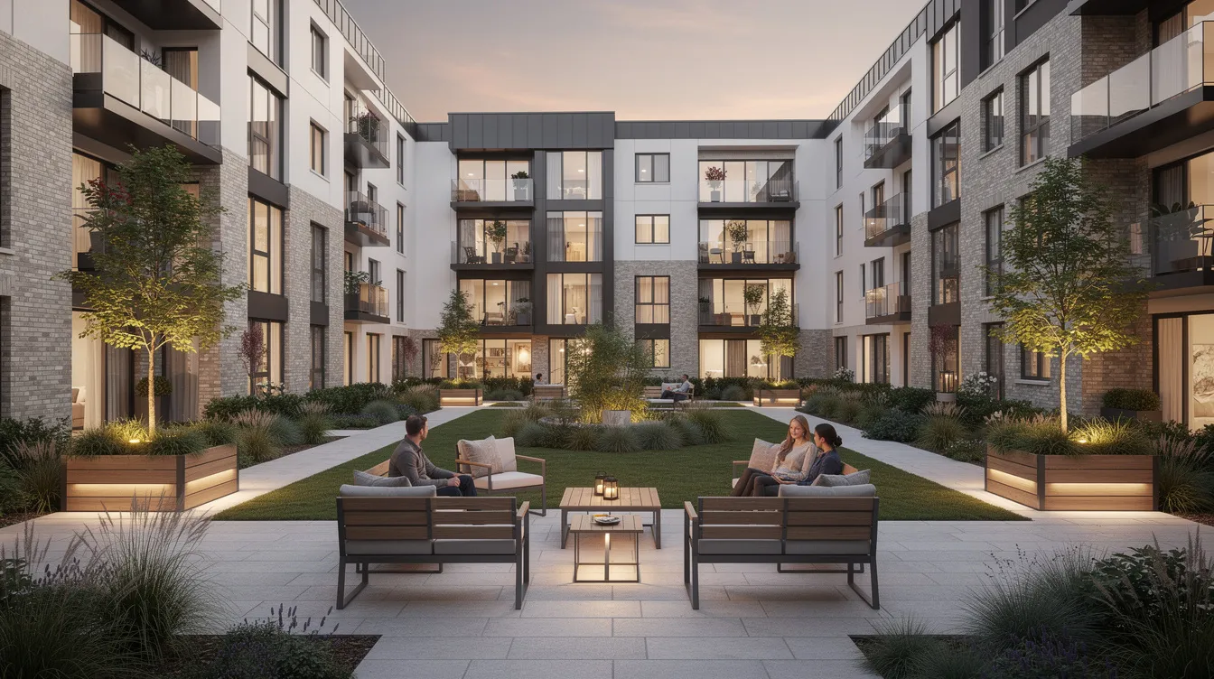 The image depicts a modern build to rent apartment building featuring a beautifully landscaped courtyard and a communal outdoor seating area, ideal for fostering a sense of community among renters. This development offers high-quality homes within the private rented sector, complete with on-site amenities and professionally managed communal spaces.