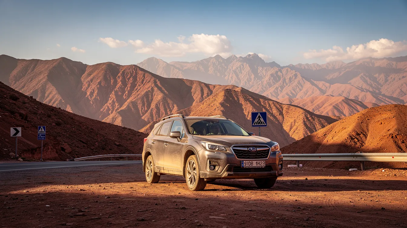 Un SUV de location est garé devant les majestueuses montagnes de l'Atlas au Maroc, illustrant une solution idéale pour explorer cette destination. Ce véhicule offre confort et flexibilité pour les voyageurs souhaitant profiter de la nature et des paysages époustouflants.
