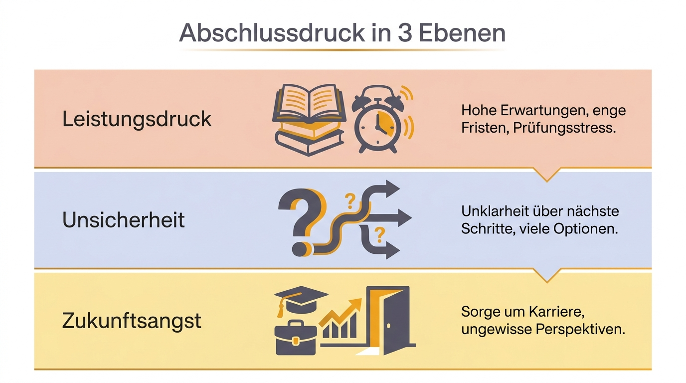 Infografik zu drei Ebenen des Abschlussdrucks: Leistungsdruck, Unsicherheit und Zukunftsangst.