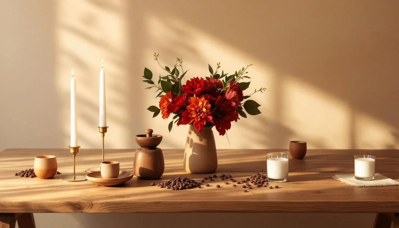 A serene setting for a cacao ceremony with candles and flowers.