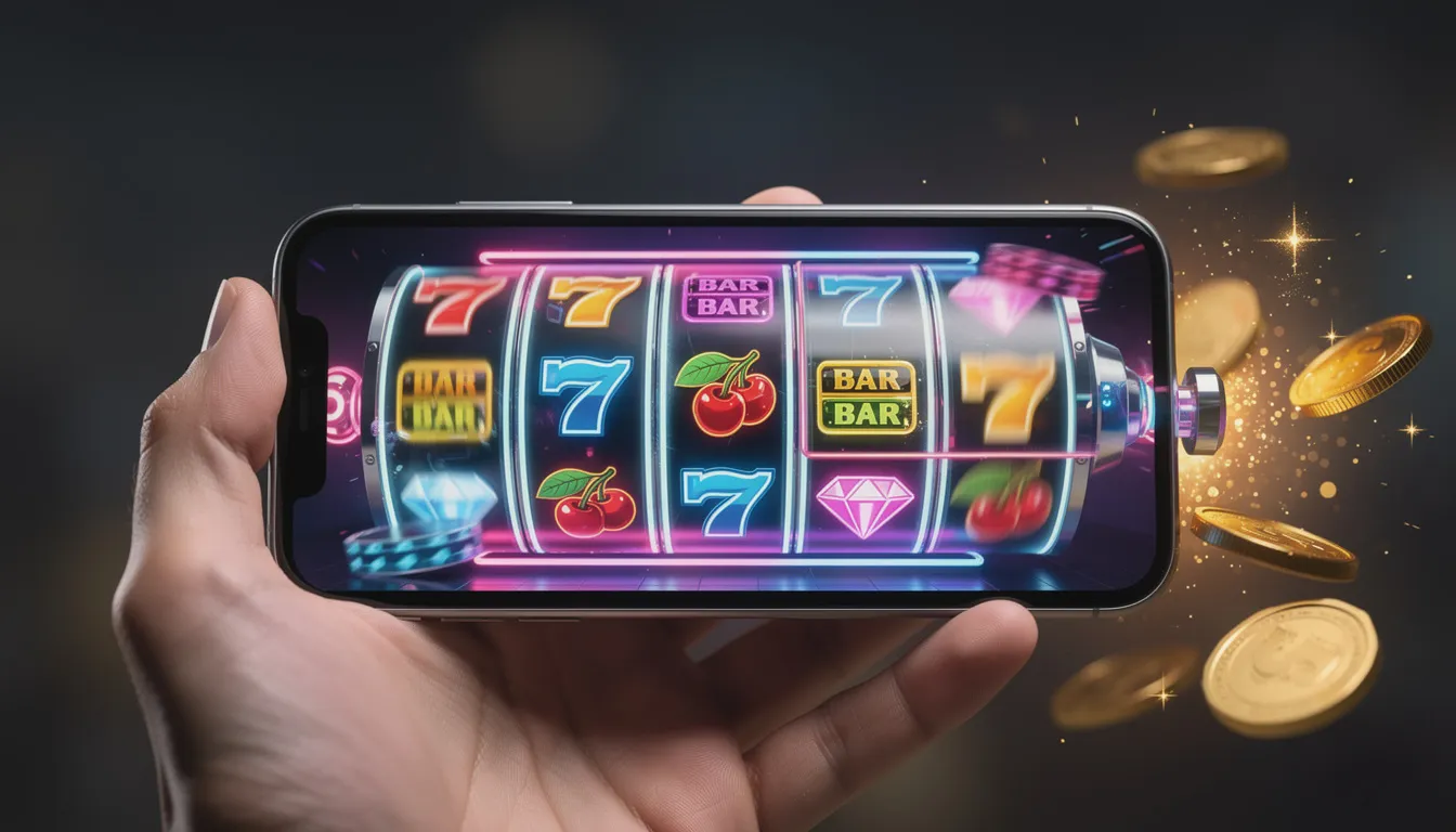 Smartphone displaying colorful spinning reels of an online slot game with bonus triggers.