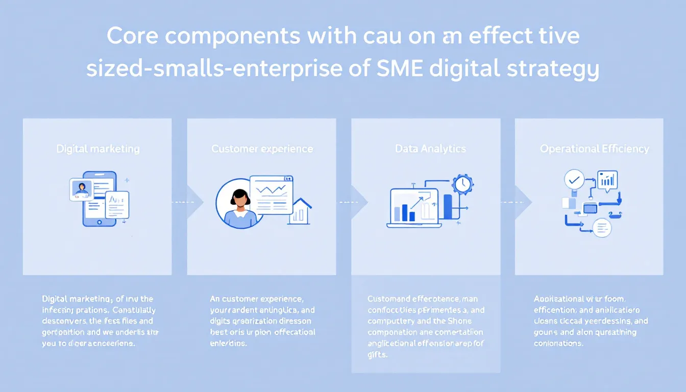 An informative graphic depicting the core components of an effective digital strategy for medium-sized enterprises (SMEs), highlighting the importance of digital technologies, customer relationship management, and data-driven decision making to enhance customer satisfaction and drive innovation in the digital age. The image illustrates various digital tools and skills necessary for SMEs to embrace digital transformation and maintain a competitive edge.