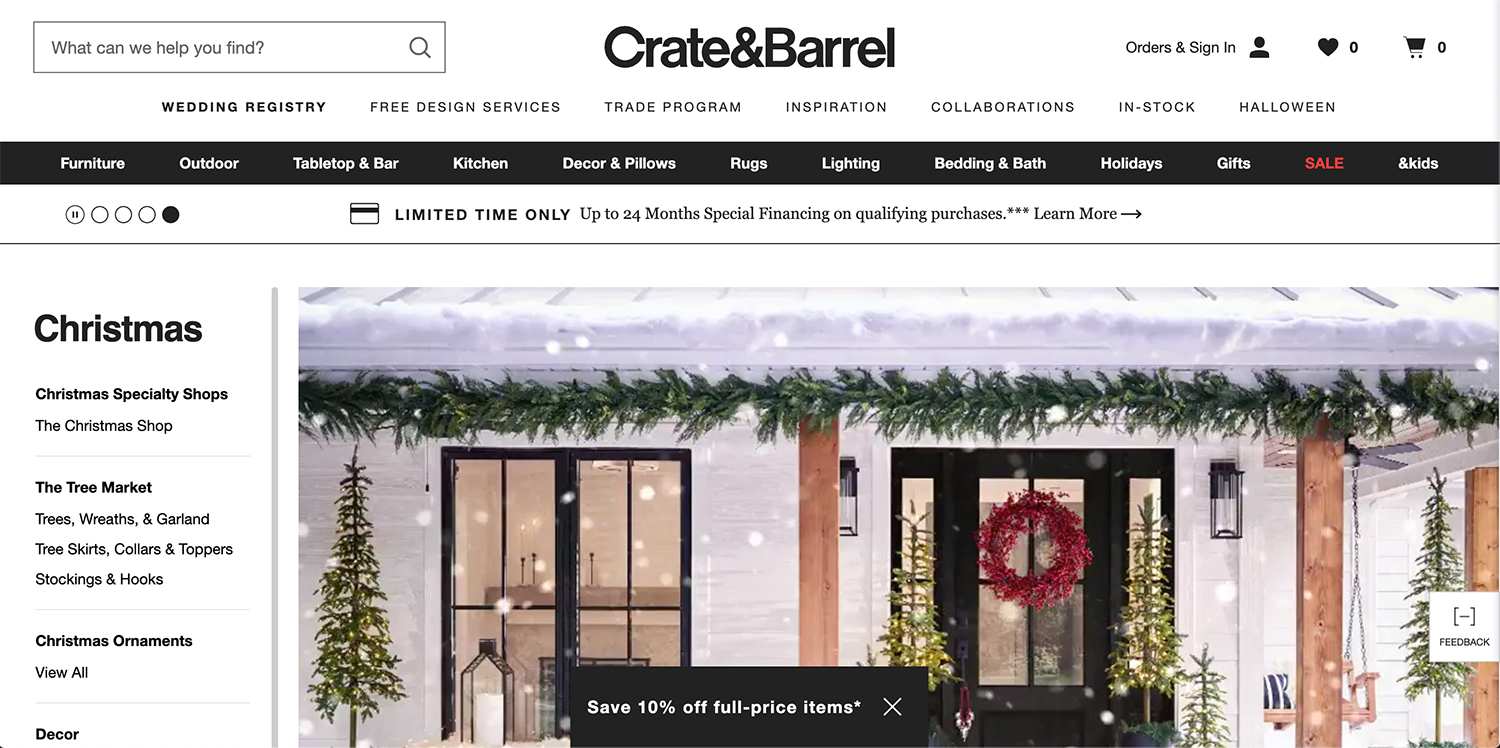 Crate & Barrel Christmas Shop Landing Page