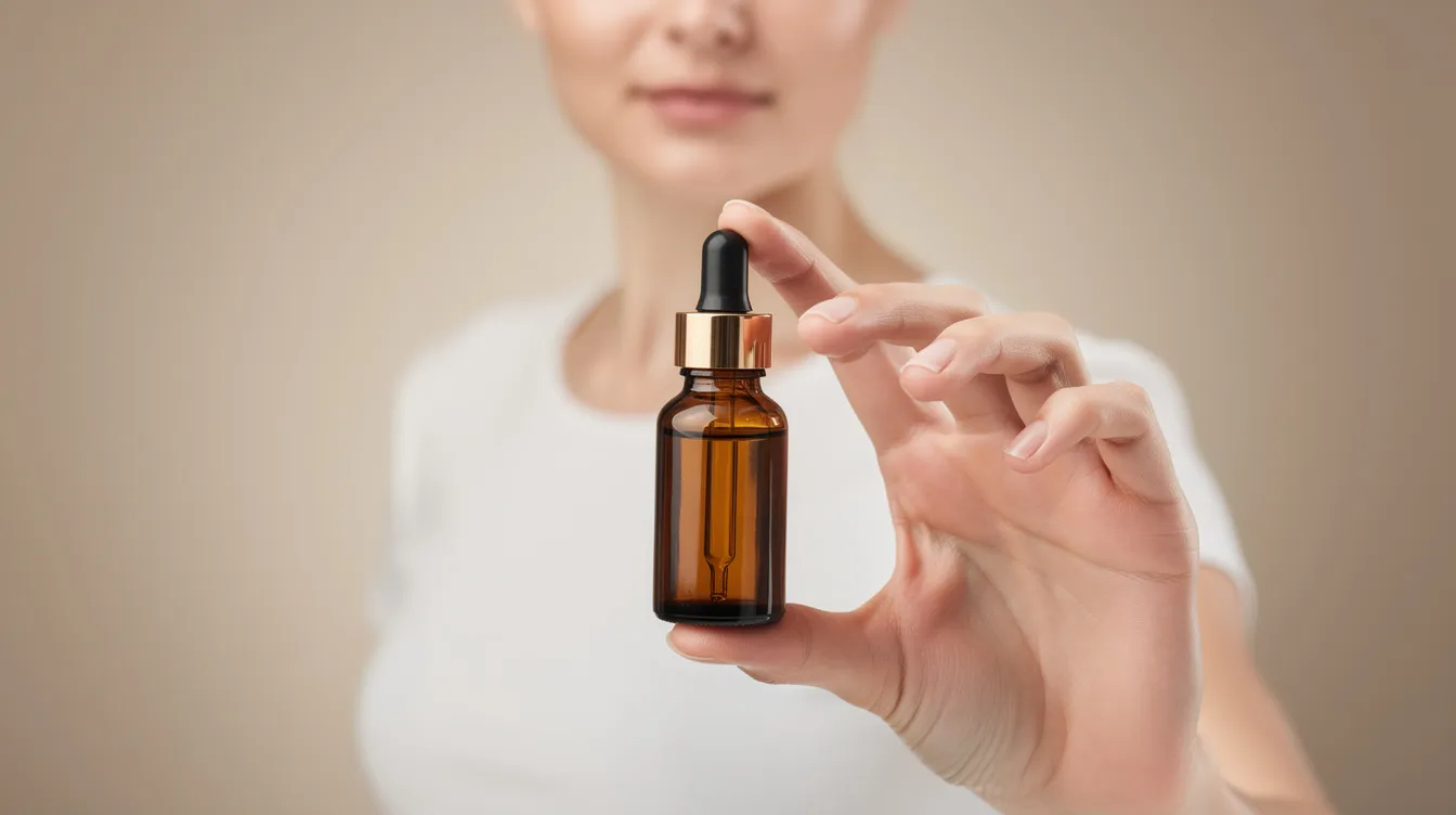 The image shows a person holding a small amber glass dropper bottle against a neutral background, which may contain kanna extract, a herbal remedy known for its mood-enhancing properties and potential benefits in managing stress and alleviating anxiety symptoms. This traditional South African medicine is derived from the kanna plant, or Sceletium tortuosum, and is often used to promote emotional balance and cognitive health.