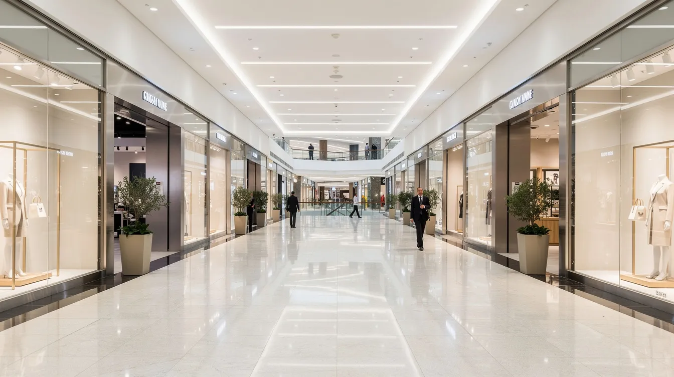 The image depicts a clean and modern shopping center interior, featuring polished floors and bright lighting that enhances the retail environment. This inviting space showcases the results of professional retail cleaning services, ensuring a pleasant experience for customers and maintaining high standards of cleanliness.