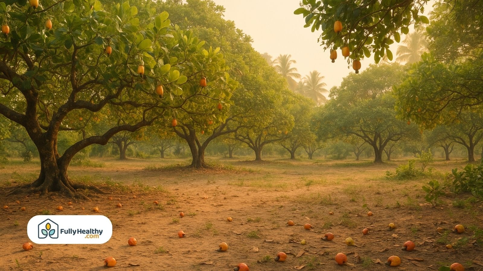 Cashew trees growing in a tropical plantation with ripe cashew apples on branches and on the ground.