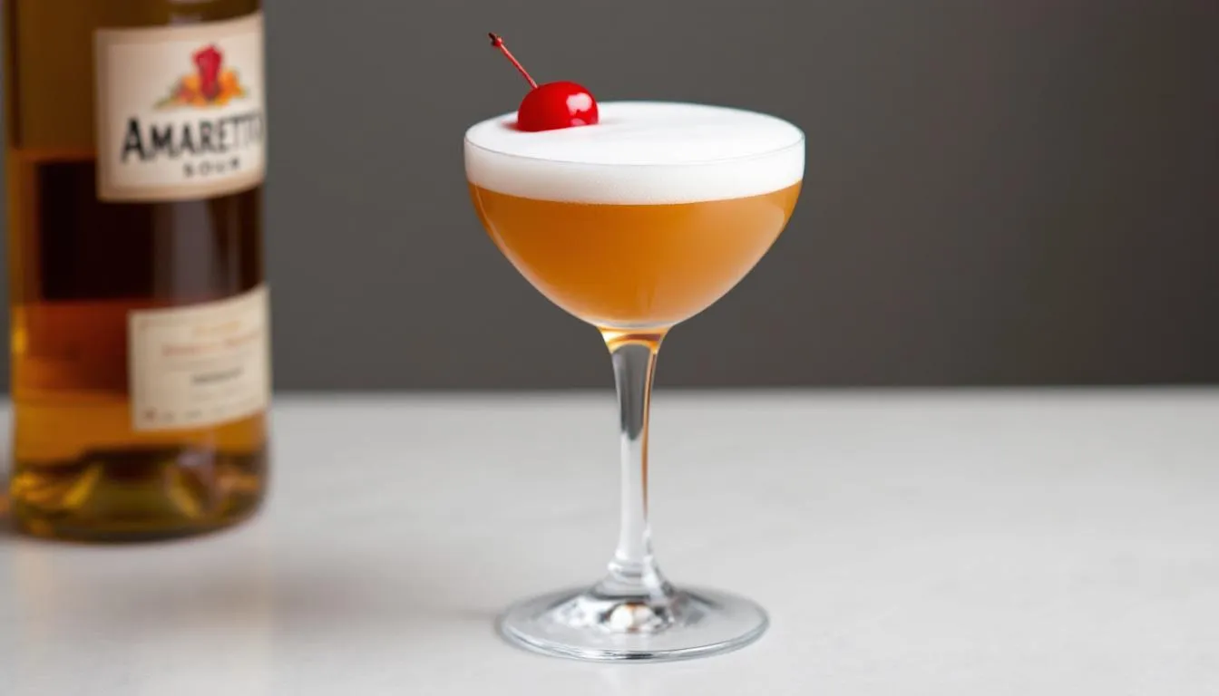 En elegant Amaretto Sour serverad i ett cocktailglas, med ett krämigt skum på toppen och en körsbärsgarnering som pryder drinken. Denna klassiska cocktail är en perfekt balans mellan sötma och syra, med ingredienser som amaretto, citronjuice och sockerlag.